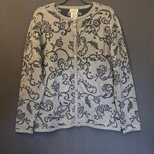 Classic Elements Gray/Metallic Silver Button up Long Sleeve Cardigan Sweater XL